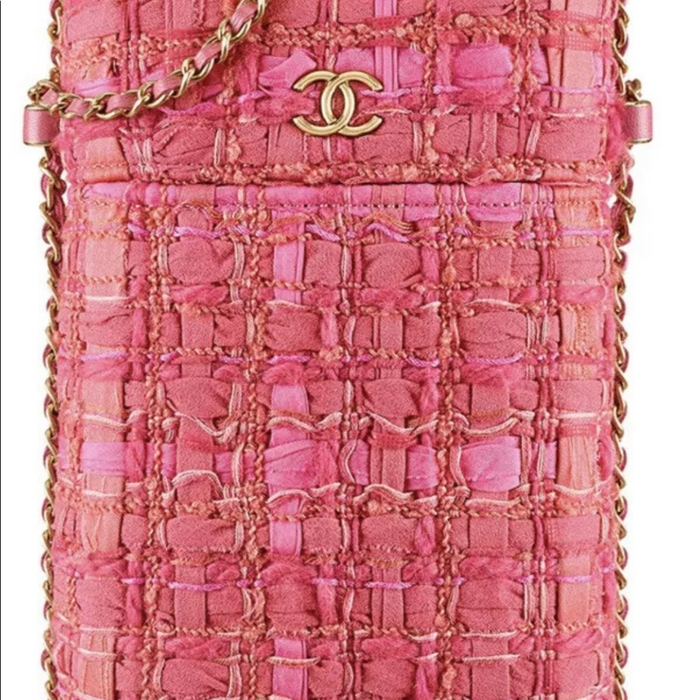Auth Chanel tweed chain around phone holder purse pink cross body runway bag - Picture 2 of 12
